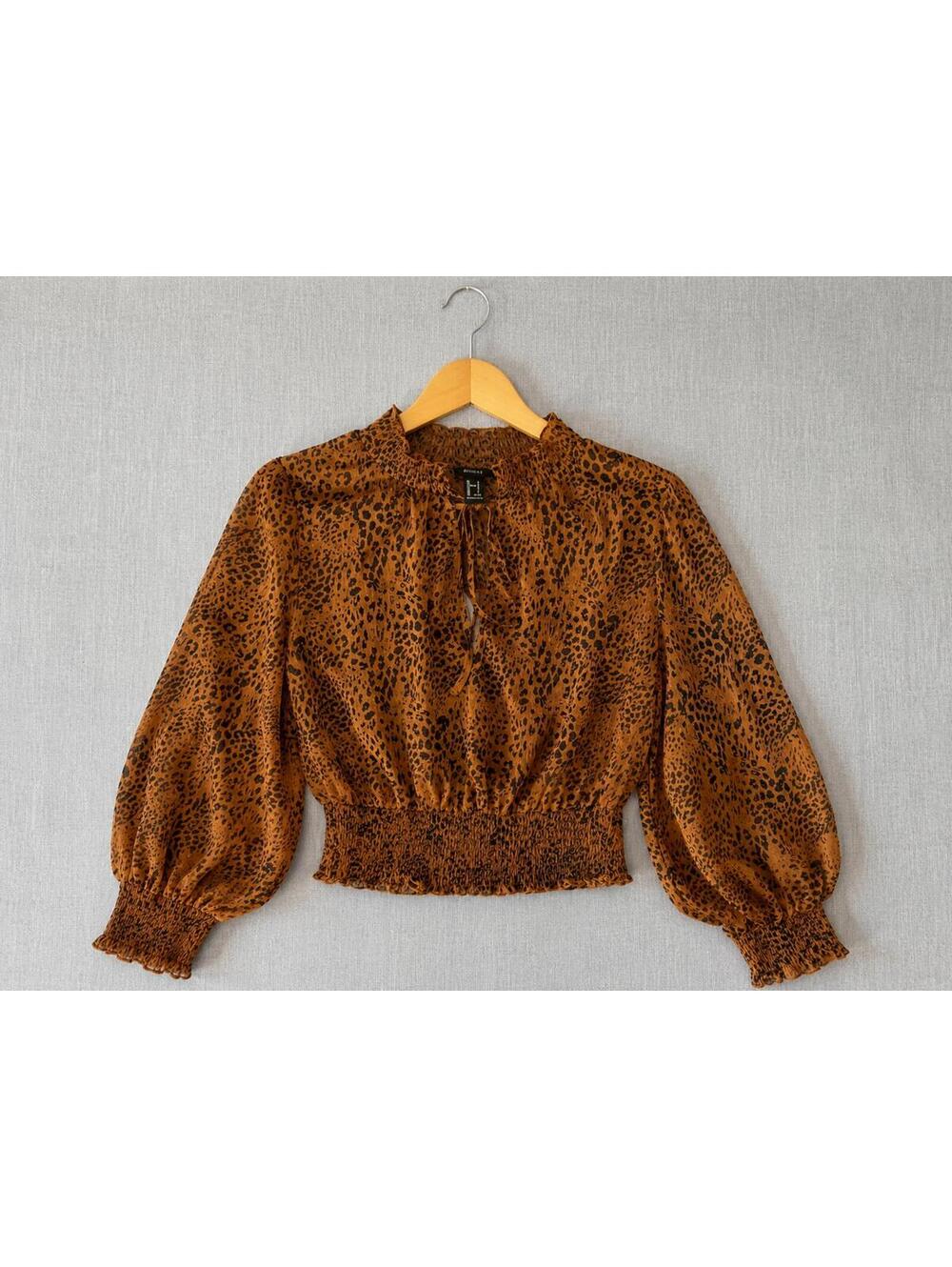 Forever 21 Leopard Print Smocked Peasant Blouse | Sheer Boho Top - Picture 3 of 8